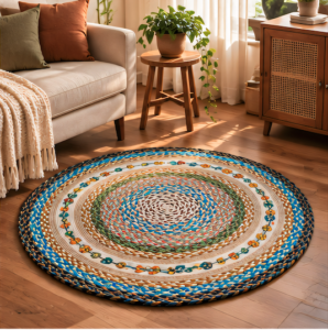 Handcrafted Multicolor Braided Jute Rug – 3ft