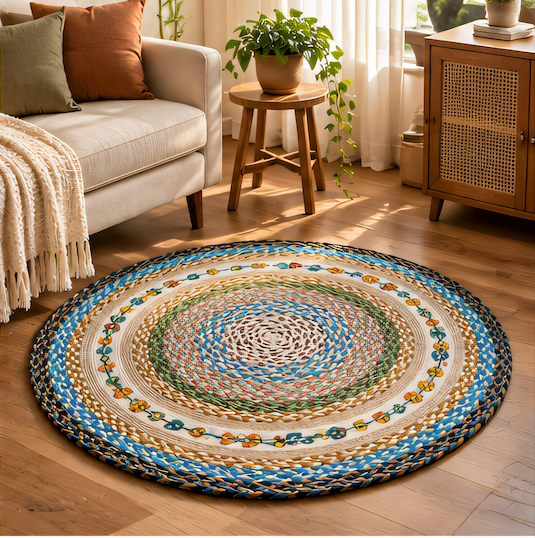 Handcrafted Multicolor Braided Jute Rug – 3ft