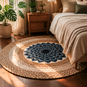 Handcrafted Round Jute Rug with Floral Design