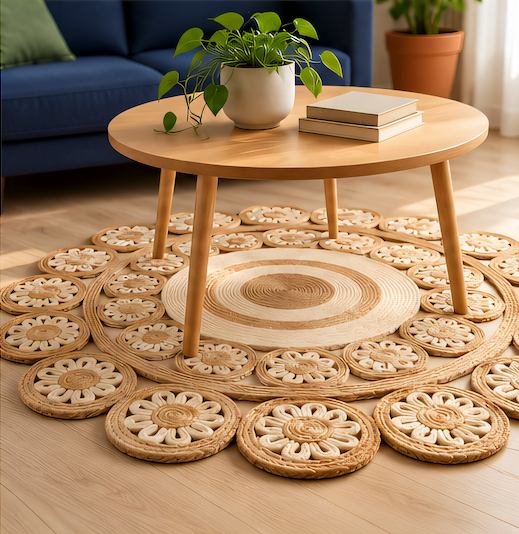 Handcrafted Round Jute Flower Rug
