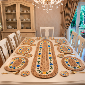 Handcrafted 13-Piece Floral Jute Table Runner & Placemat Set