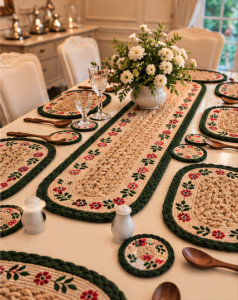 Handcrafted Jute Table Mat Set – 1 Runner, 6 Placemats & 6 Coasters | Floral Dining Table Decor