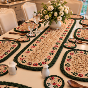 Handcrafted Jute Table Mat Set – 1 Runner, 6 Placemats & 6 Coasters | Floral Dining Table Decor
