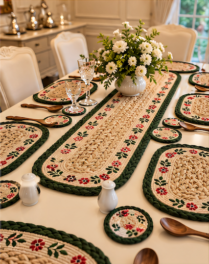 Handcrafted Jute Table Mat Set – 1 Runner, 6 Placemats & 6 Coasters | Floral Dining Table Decor