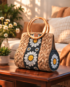 Handmade Jute Handbag with Bamboo Handles – Floral Tote Bag