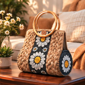 Handmade Jute Handbag with Bamboo Handles – Floral Tote Bag