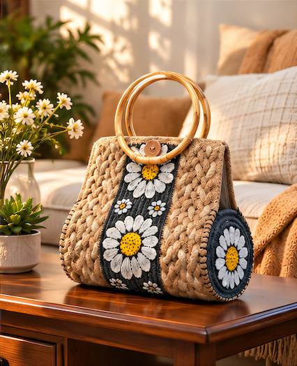 Handmade Jute Handbag with Bamboo Handles – Floral Tote Bag