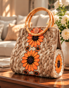 Handmade Jute Handbag – Floral Bamboo Handle Tote