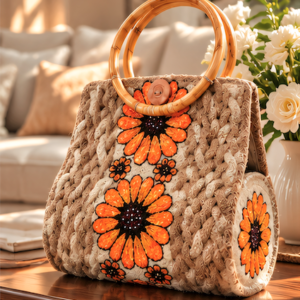 Handmade Jute Handbag – Floral Bamboo Handle Tote