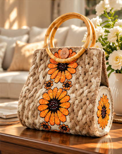 Handmade Jute Handbag – Floral Bamboo Handle Tote