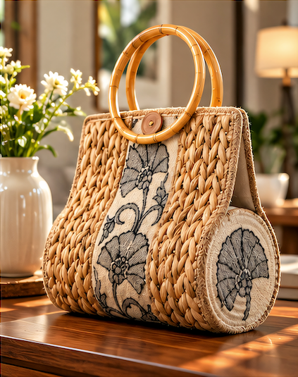 Handmade Woven Floral Tote Bag | Bamboo Handle Handbag