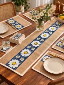 13-Piece Handcrafted Daisy Floral Jute Table Runner & Coaster Set
