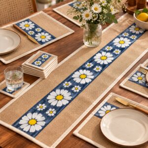 13-Piece Handcrafted Daisy Floral Jute Table Runner & Coaster Set