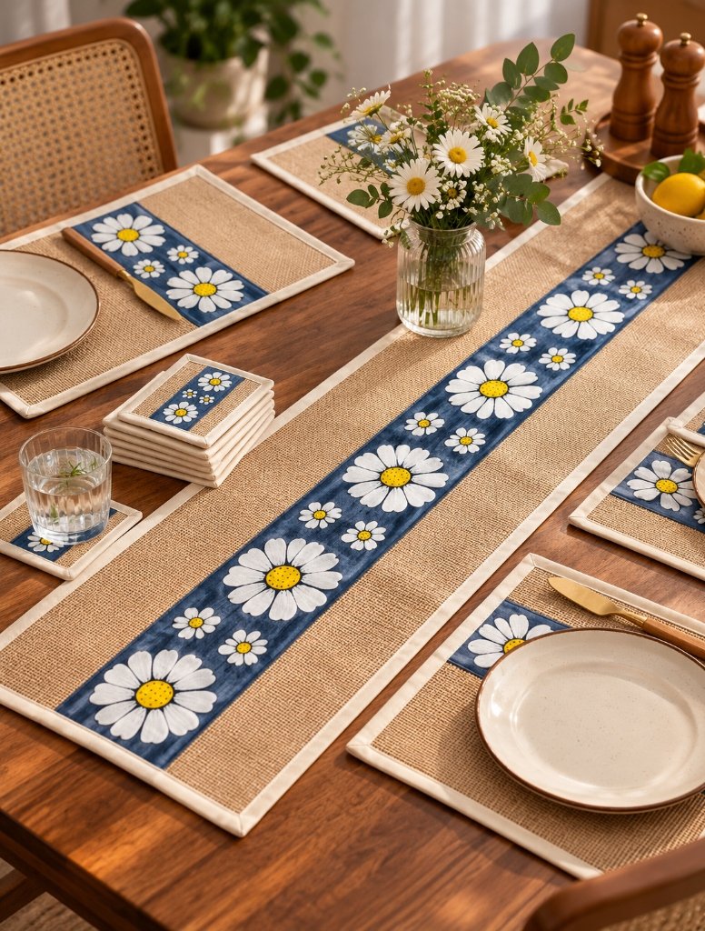 13-Piece Handcrafted Daisy Floral Jute Table Runner & Coaster Set